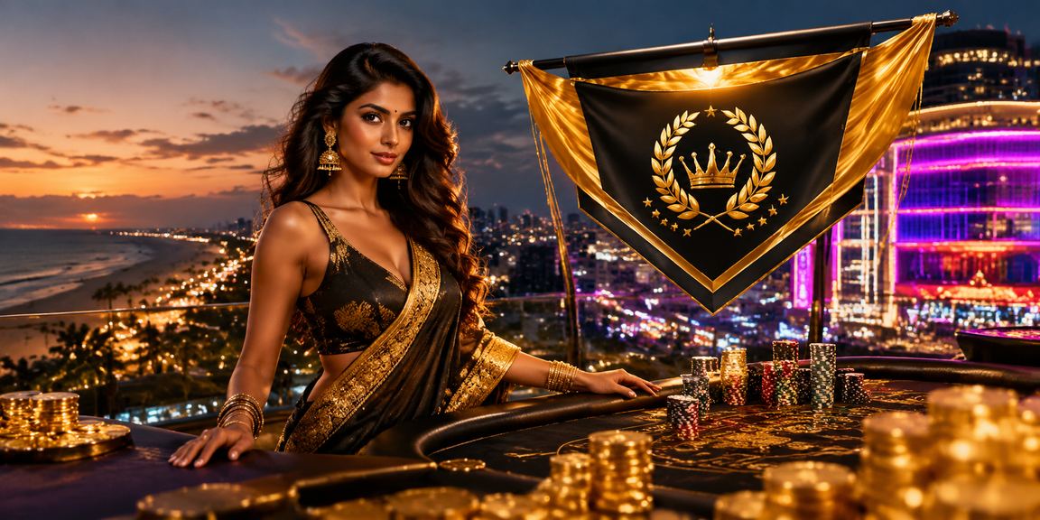 Scenic Goa beach with exclusive VIP casino banner
